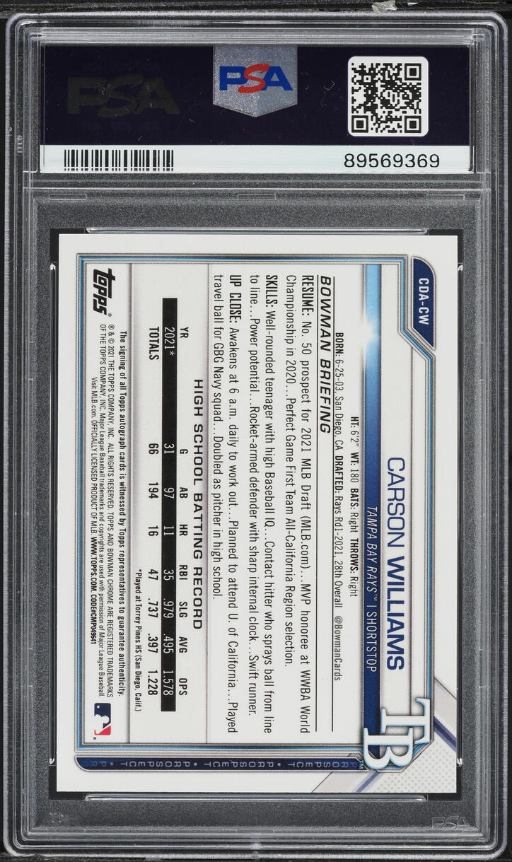 2021 Bowman Chrome Purple Refractor Carson Williams ROOKIE AUTO /250 #CDA-CW PSA 10 GEM MINT