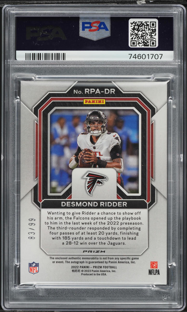 2022 Panini Prizm Desmond Ridder ROOKIE PATCH AUTO /99 #RPA-DR PSA 9 MINT