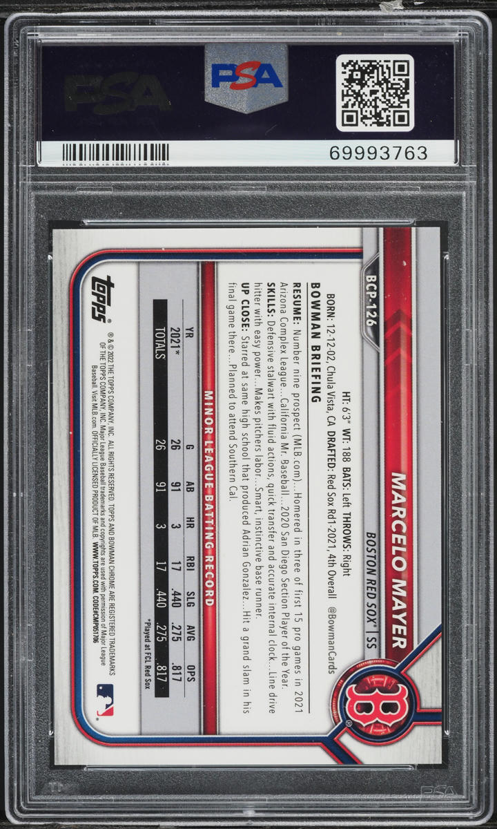 2022 Bowman Chrome Aqua Shimmer Refractor Marcelo Mayer PROSPECT /125 #BCP-126 PSA 9 MINT