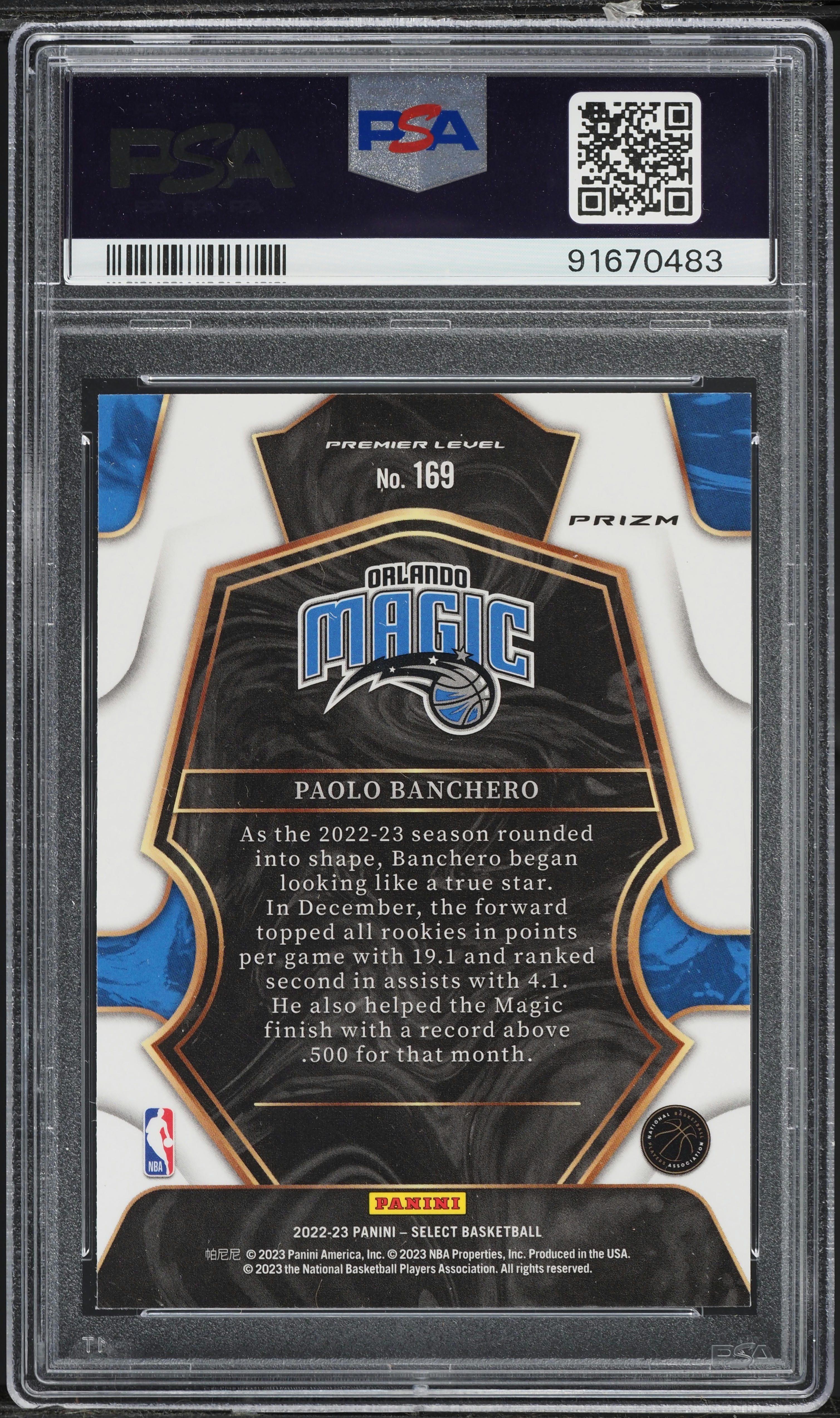 2022 Select Premier Level Tri Color Paolo Banchero ROOKIE #169 PSA