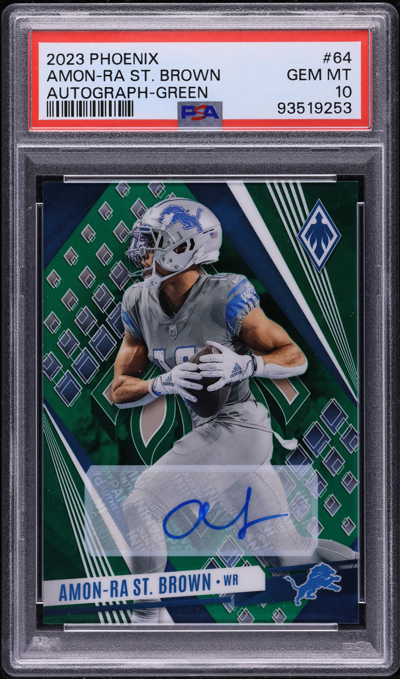 レア☆スフィア☆ブルーグリーン キラキラ虹入り 2023 Panini Phoenix Green Amon-Ra St. Brown AUTO /10 #64 PSA 10