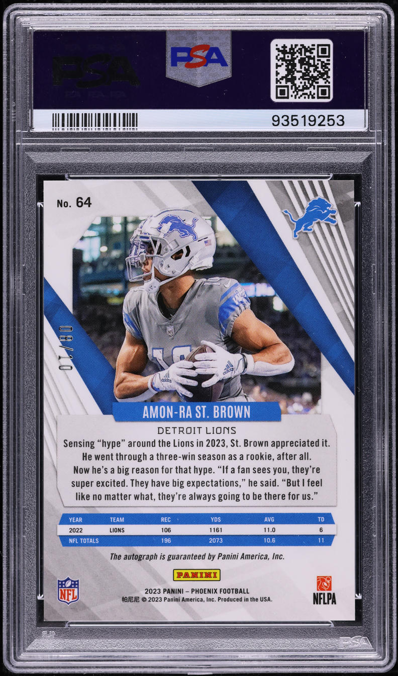 2023 Panini Phoenix Green Amon-Ra St. Brown AUTO /10 #64 PSA 10