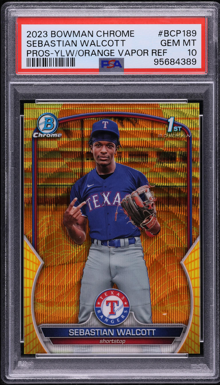 2023 Bowman Chrome Yellow Orange Vapor Refractor Sebastian Walcott RC /75 PSA 10
