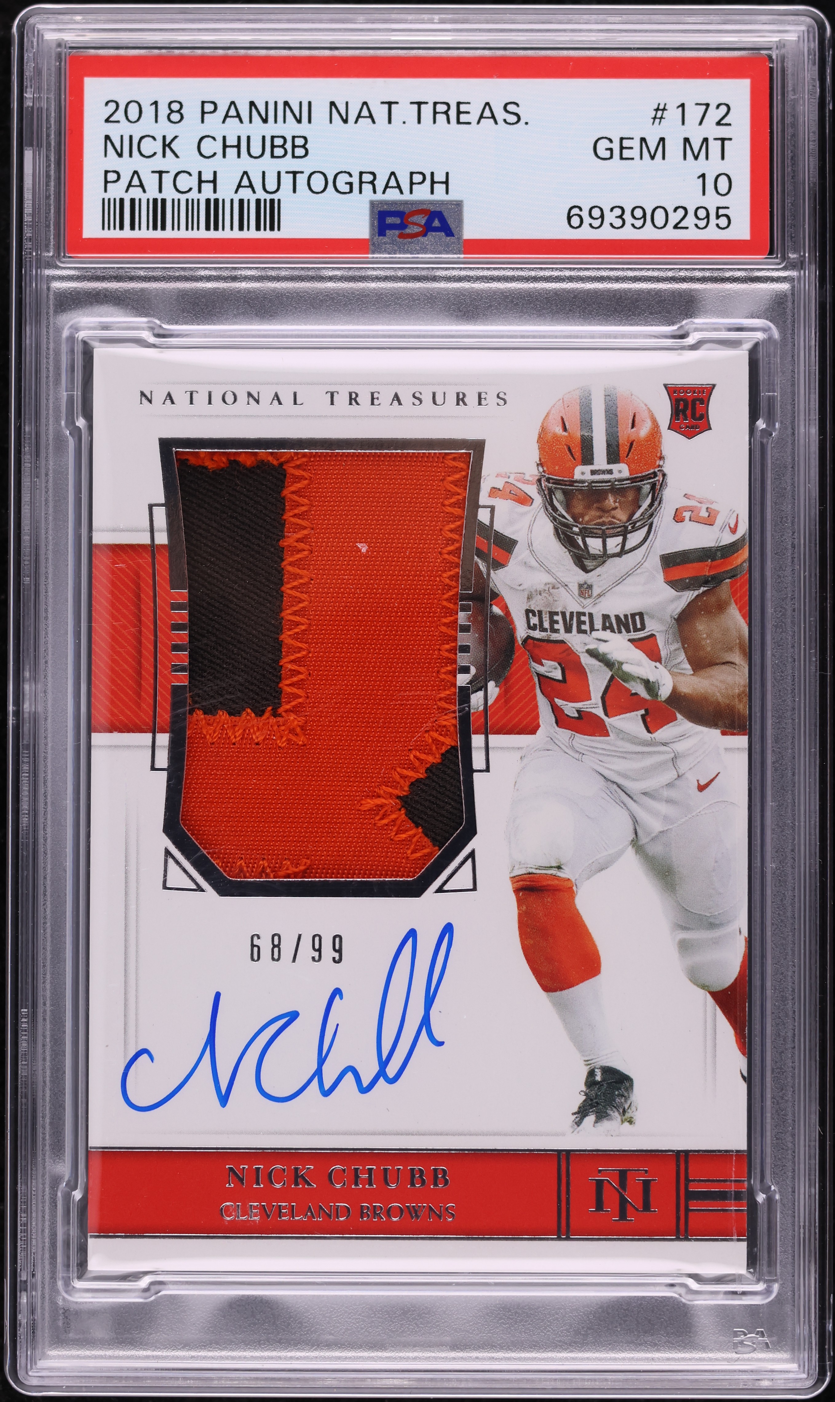 2018 National Treasures Nick Chubb ROOKIE PATCH AUTO /99 #172 PSA