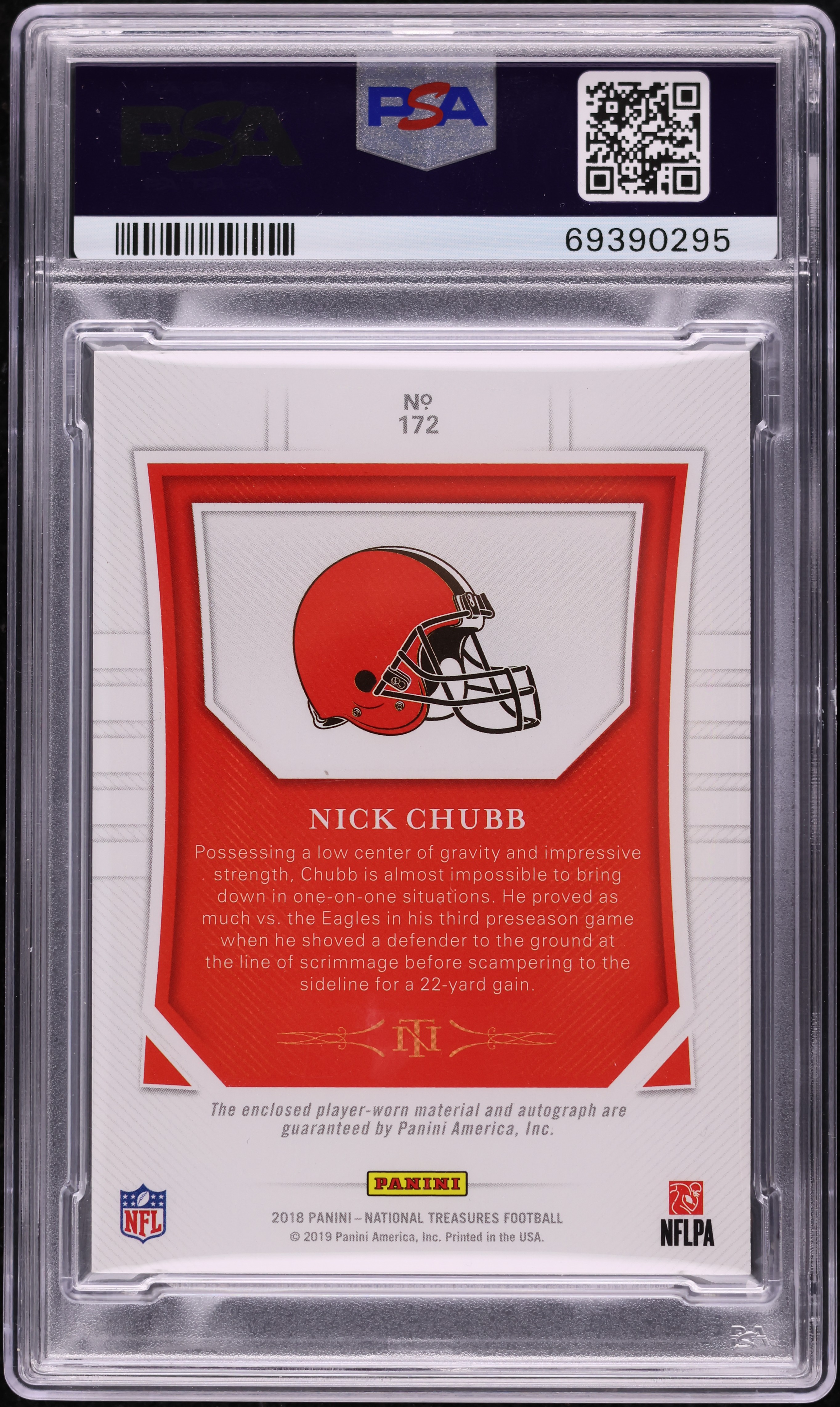 2018 National Treasures Nick Chubb ROOKIE PATCH AUTO /99 #172 PSA
