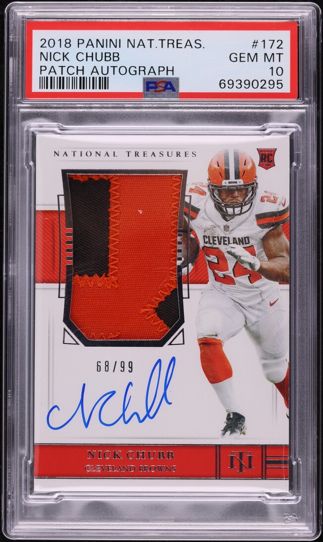 2018 National Treasures Nick Chubb ROOKIE PATCH AUTO /99 #172 PSA 10 GEM MINT