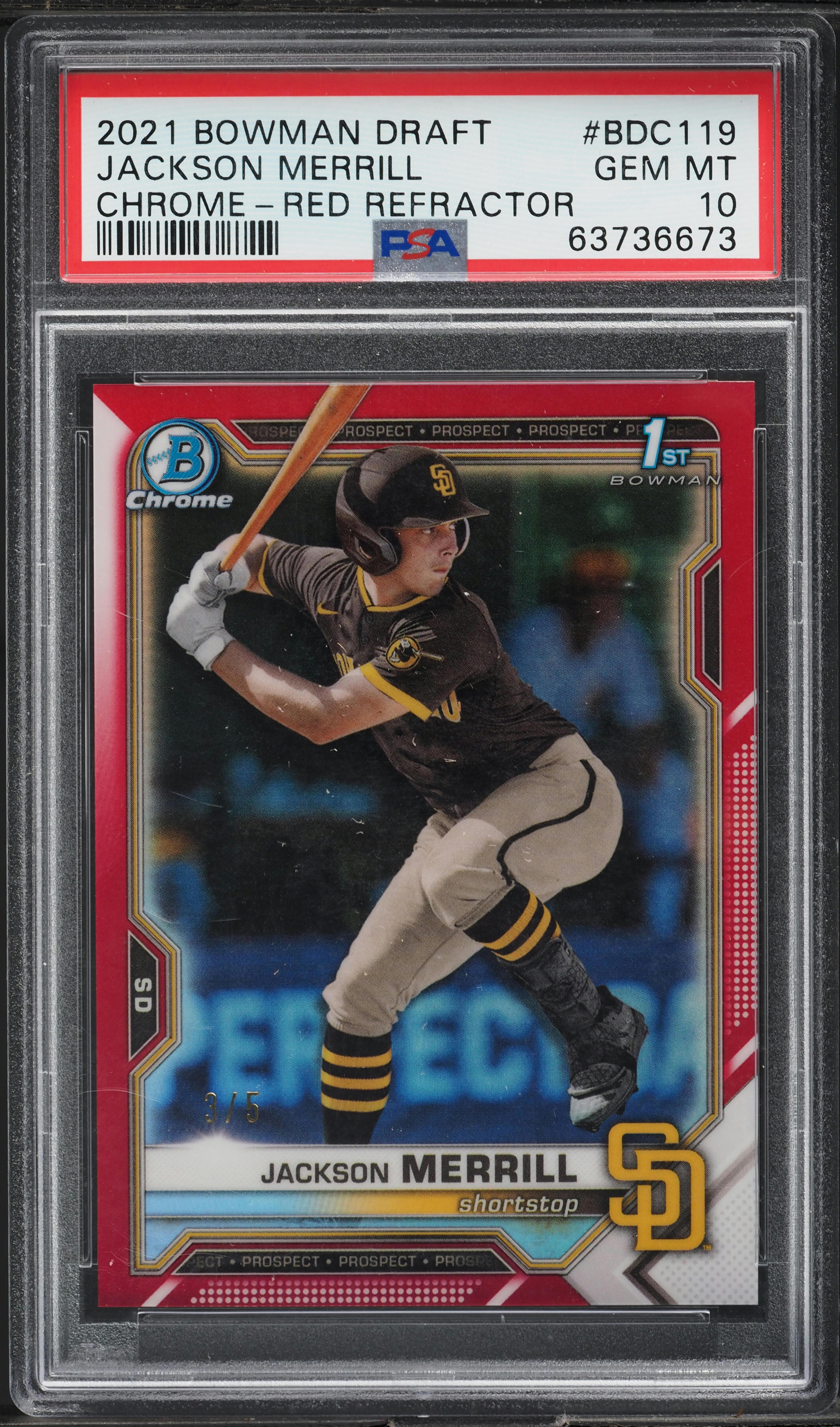 2021 Bowman Chrome Draft Red Refractor Jackson Merrill PROSPECT /5 
