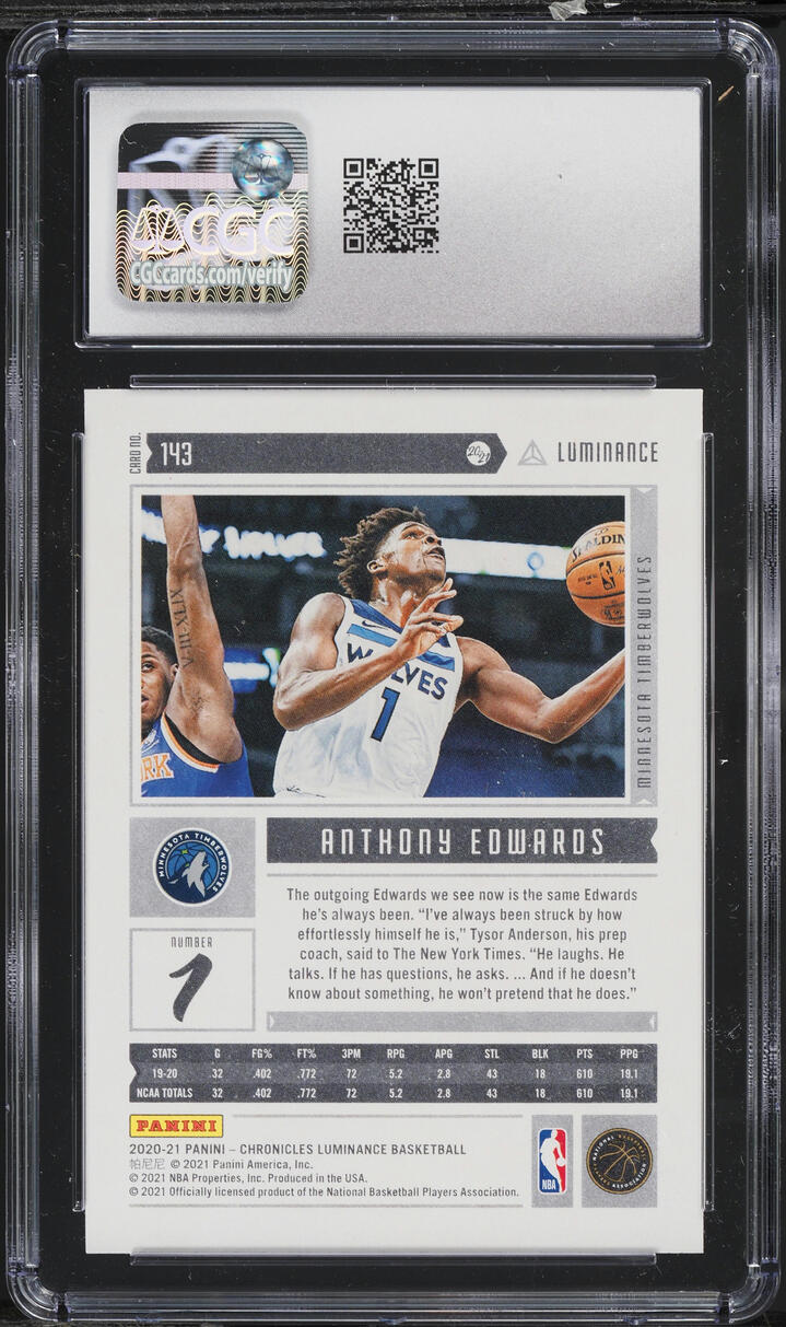 2020 Panini Chronicles Luminance Anthony Edwards ROOKIE #143 CGC 10 GEM MINT