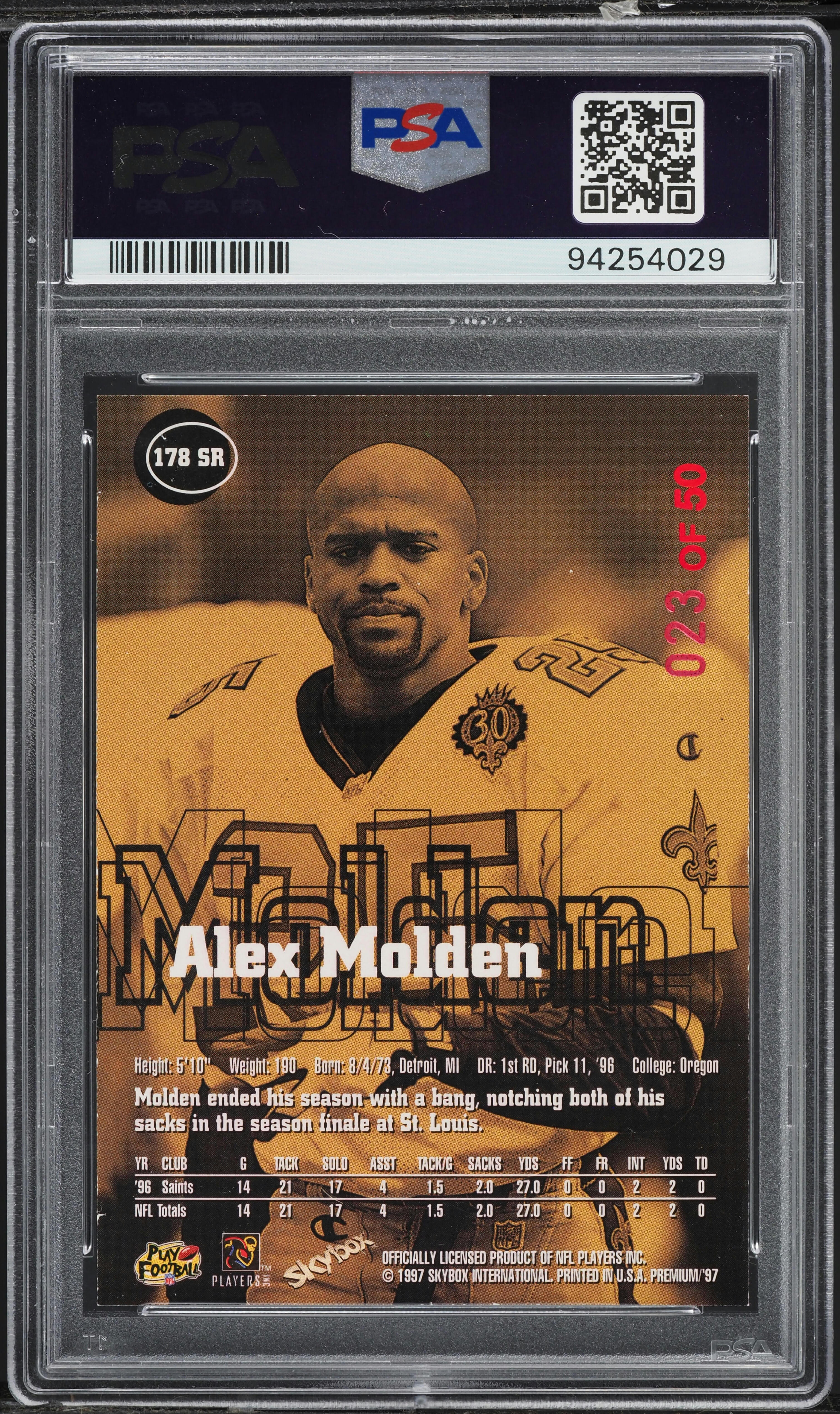 1997 Skybox Premium Rubies Alex Molden /50 #178SR PSA 8 NM-MT on