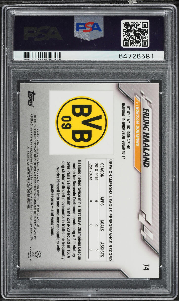2019 Topps Chrome UEFA Champions League Erling Haaland ROOKIE #74 PSA 10 GEM