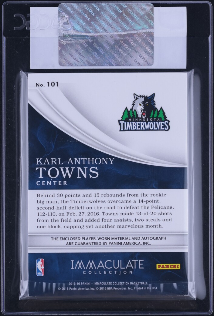 2015 Immaculate Collection Karl-Anthony Towns RC PATCH AUTO /99 #101 CGC AUTH
