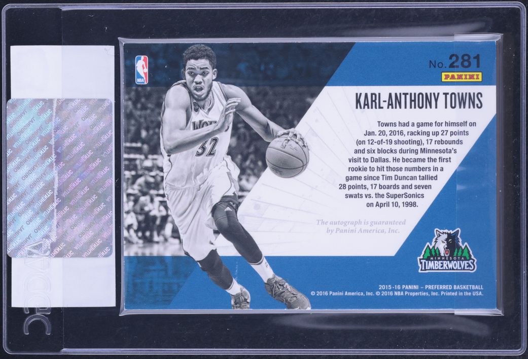 2015 Panini Preferred Unparalleled Karl-Anthony Towns RC AUTO /50 #281 CGC AUTH