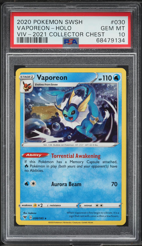 2020 Pokemon SWSH Vivid Voltage Collector Chest Holo Vaporeon #30 PSA 10 GEM