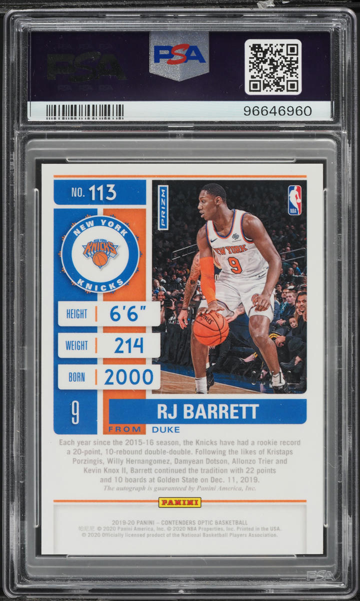 2019 Panini Contenders Optic Gold RJ Barrett ROOKIE AUTO 1/10 #113