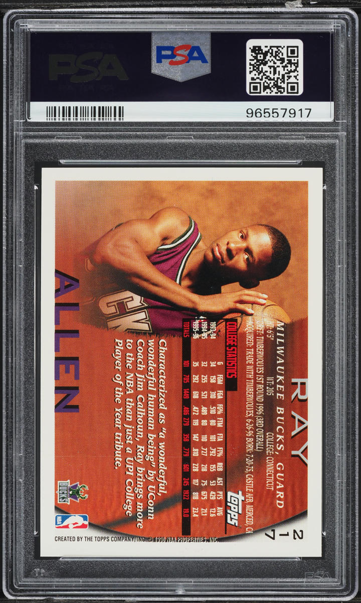 1996 Topps Basketball Ray Allen ROOKIE #217 PSA 6 EXMT