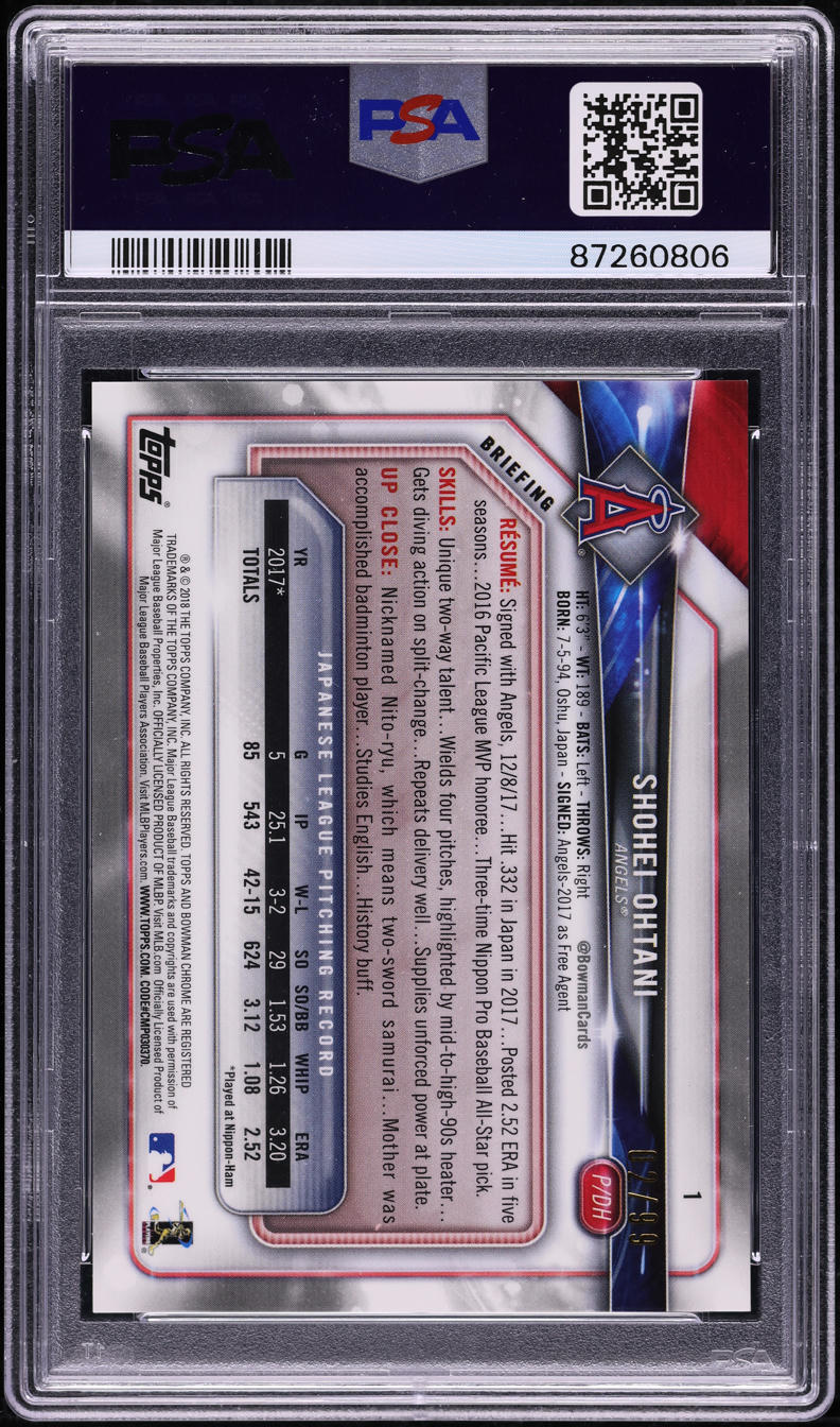 2018 Bowman Chrome Green Refractor Shohei Ohtani ROOKIE /99 #1 PSA 9 MINT