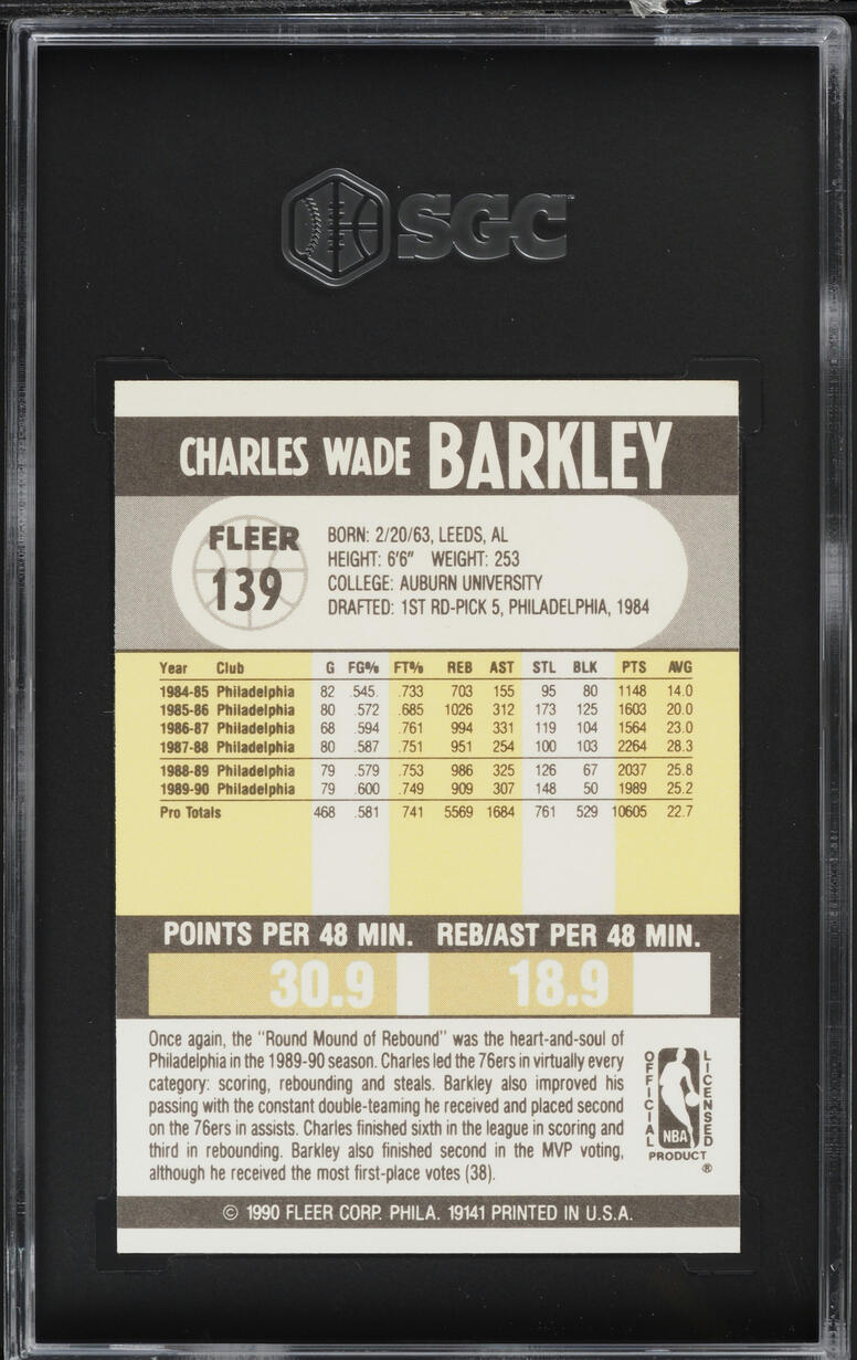 1990 Fleer Basketball Charles Barkley #139 SGC 9 MINT