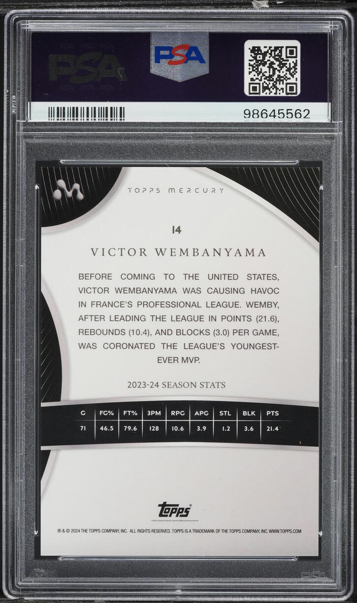2023 Topps Mercury Blue Refractor Victor Wembanyama ROOKIE /75 #14 PSA 10 GEM