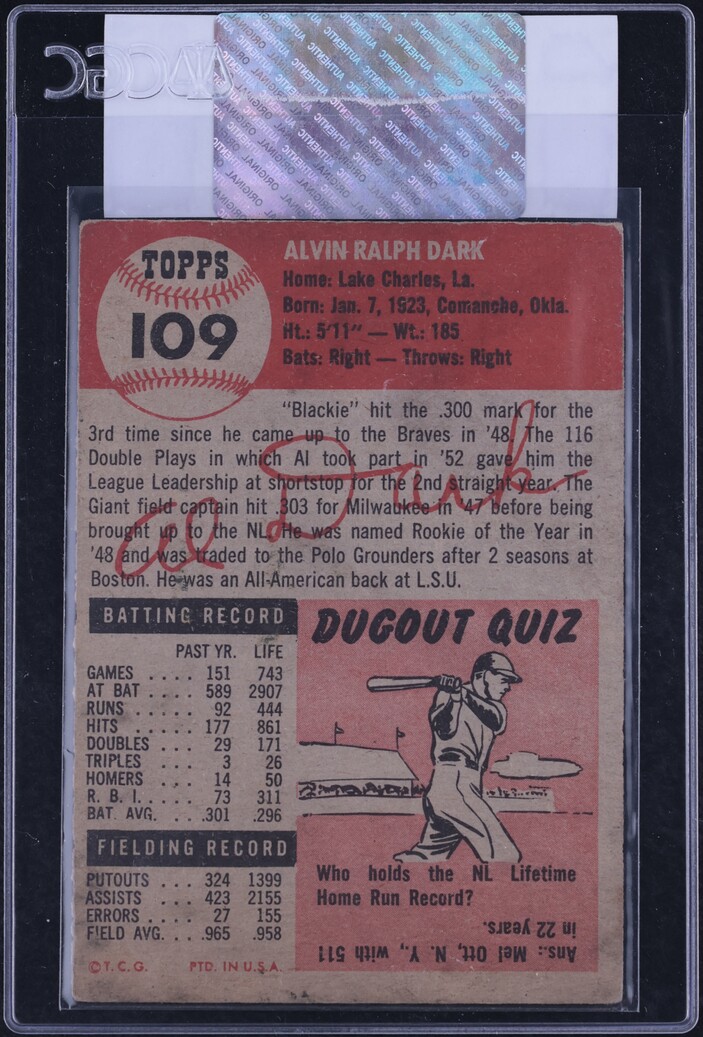 1953 Topps Alvin Dark #109 CGC AUTH