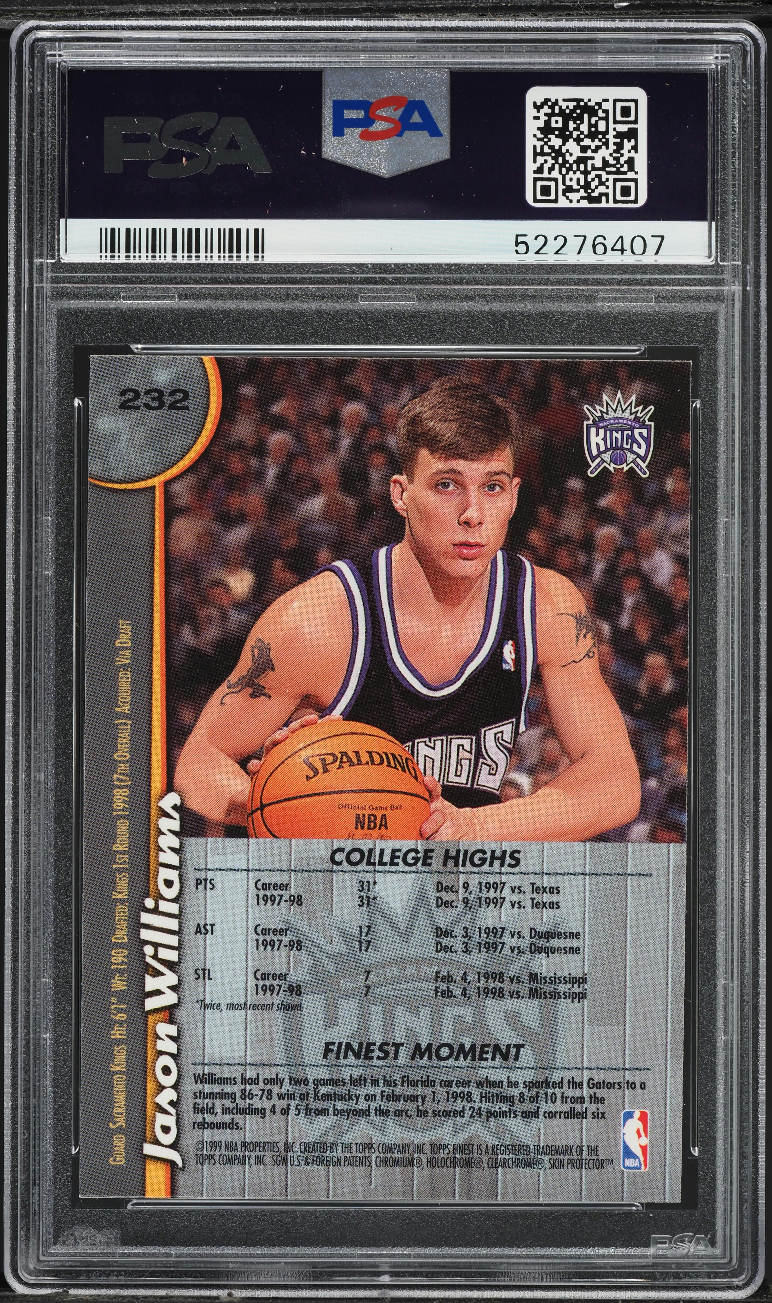 1998 Finest Basketball Jason Williams ROOKIE #232 PSA 10 GEM MINT