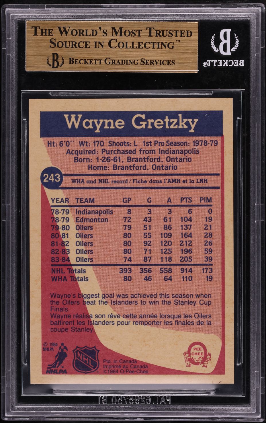 1984 O-Pee-Chee Hockey Wayne Gretzky #243 BGS 10 PRISTINE