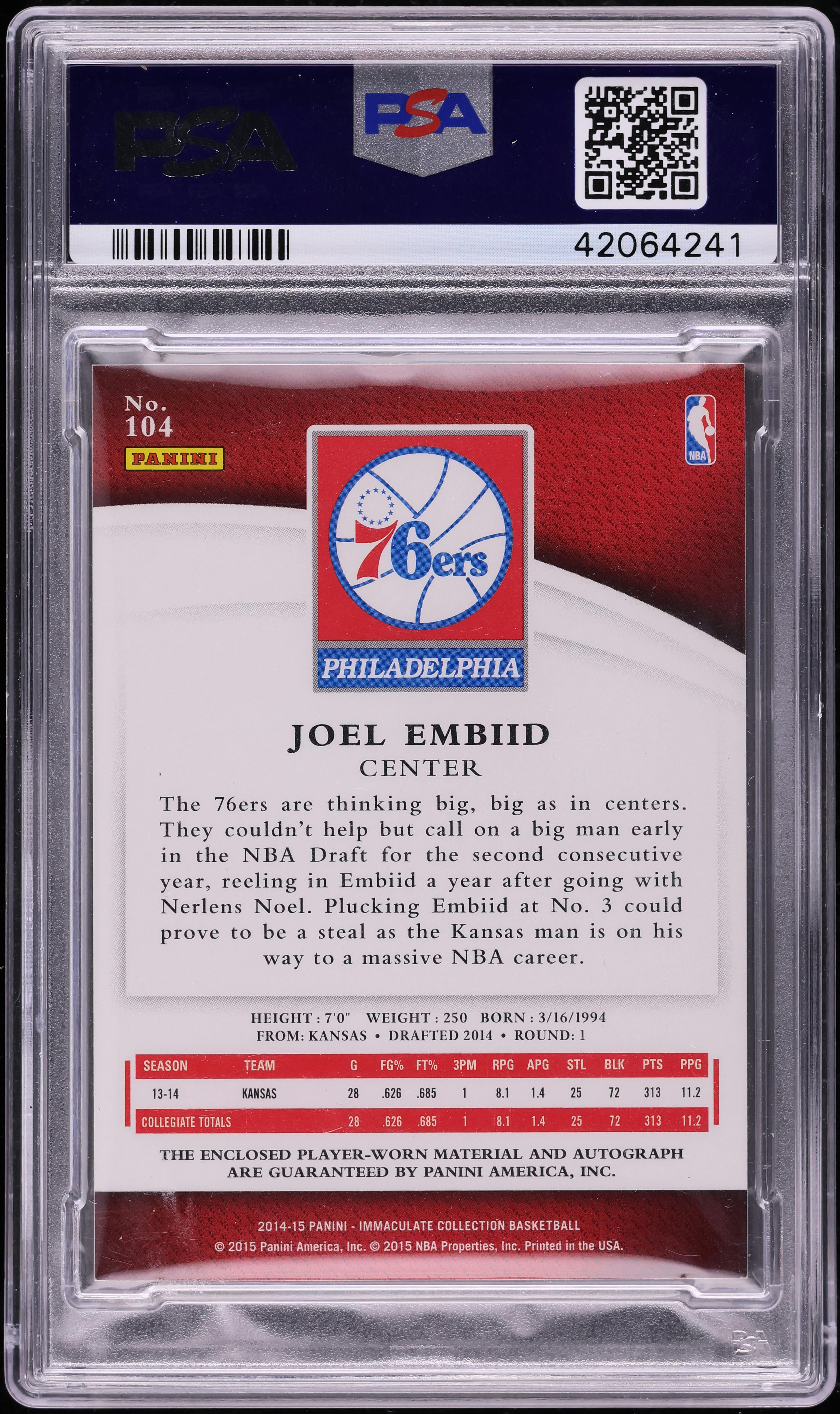 2014 Immaculate Collection Joel Embiid ROOKIE PATCH AUTO /99 #104