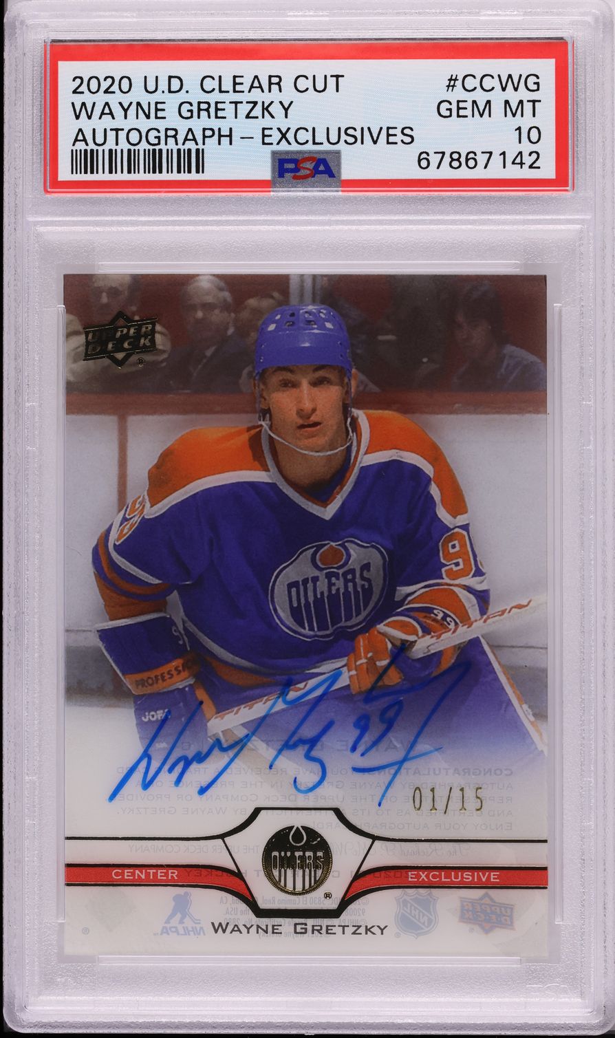 2020 Upper Deck Clear Cut Exclusives Wayne Gretzky AUTO 1/15 #CC-WG PSA 10 GEM