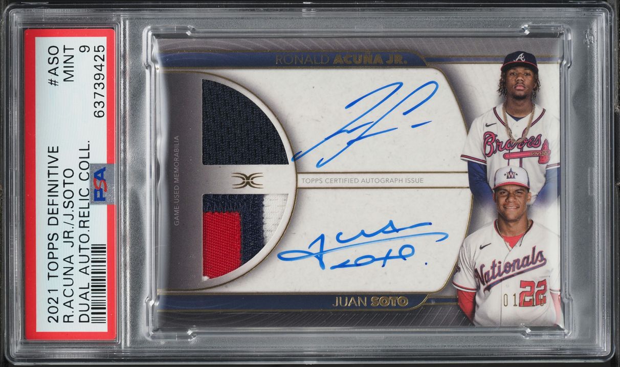 2021 Topps Definitive Dual Ronald Acuna Jr. Juan Soto PATCH AUTO 1/10 PSA 9 MINT