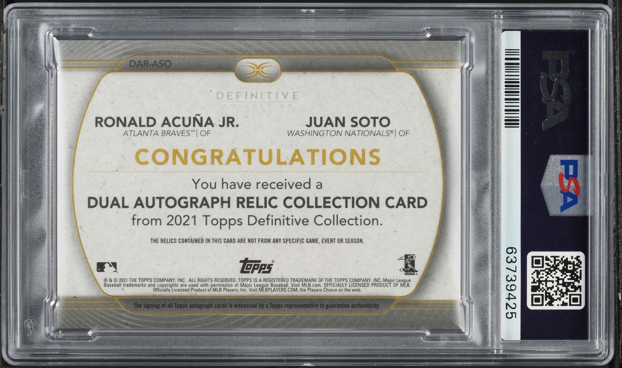 2021 Topps Definitive Dual Ronald Acuna Jr. Juan Soto PATCH AUTO 1/10 PSA 9 MINT