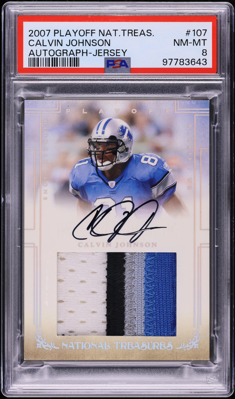 2007 Playoff National Treasures Calvin Johnson ROOKIE PATCH AUTO /99 #107 PSA 8