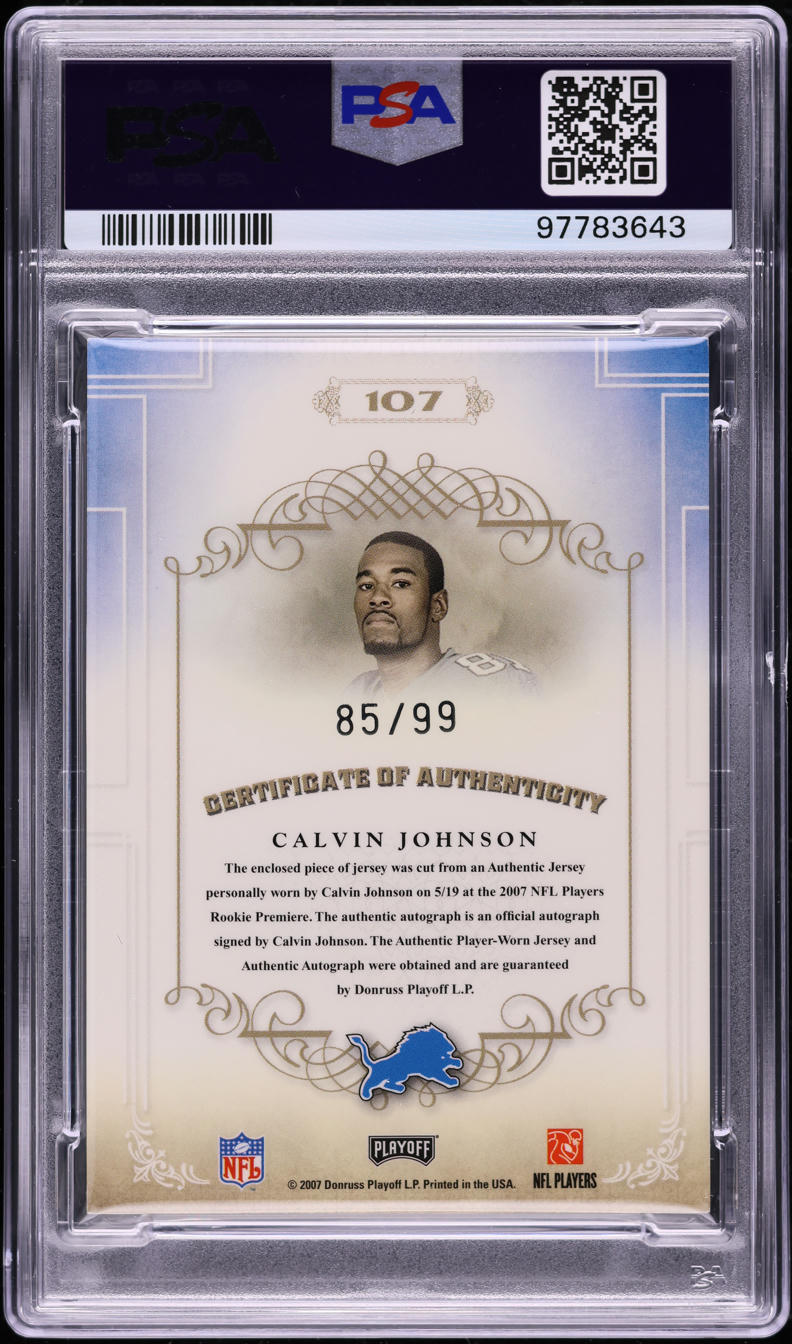 2007 Playoff National Treasures Calvin Johnson ROOKIE PATCH AUTO /99 #107 PSA 8