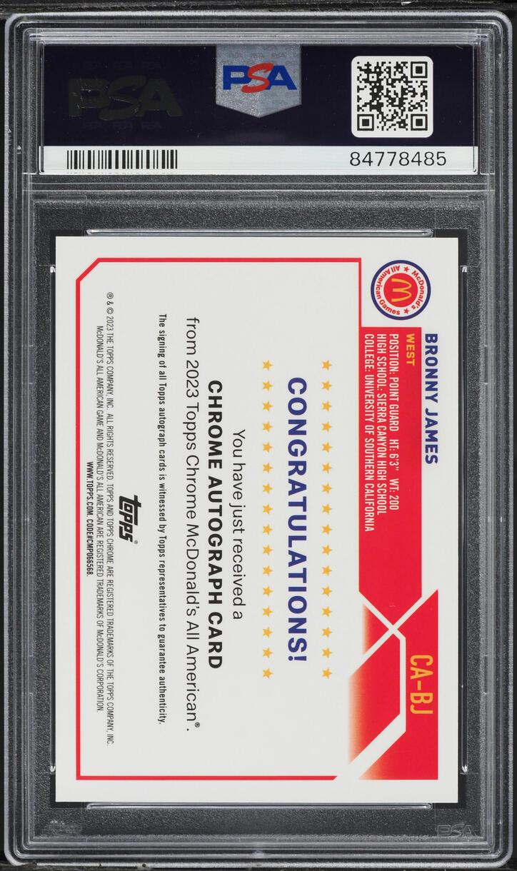 2023 Topps Chrome McDonald's All-American Bronny James ROOKIE AUTO #CA-BJ PSA 10