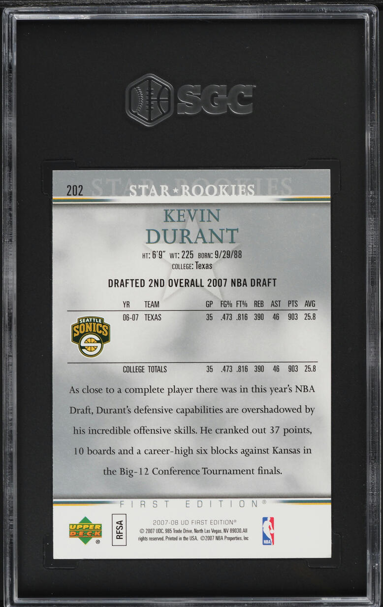 2007 Upper Deck First Edition Kevin Durant ROOKIE #202 SGC 8.5 NM-MT+