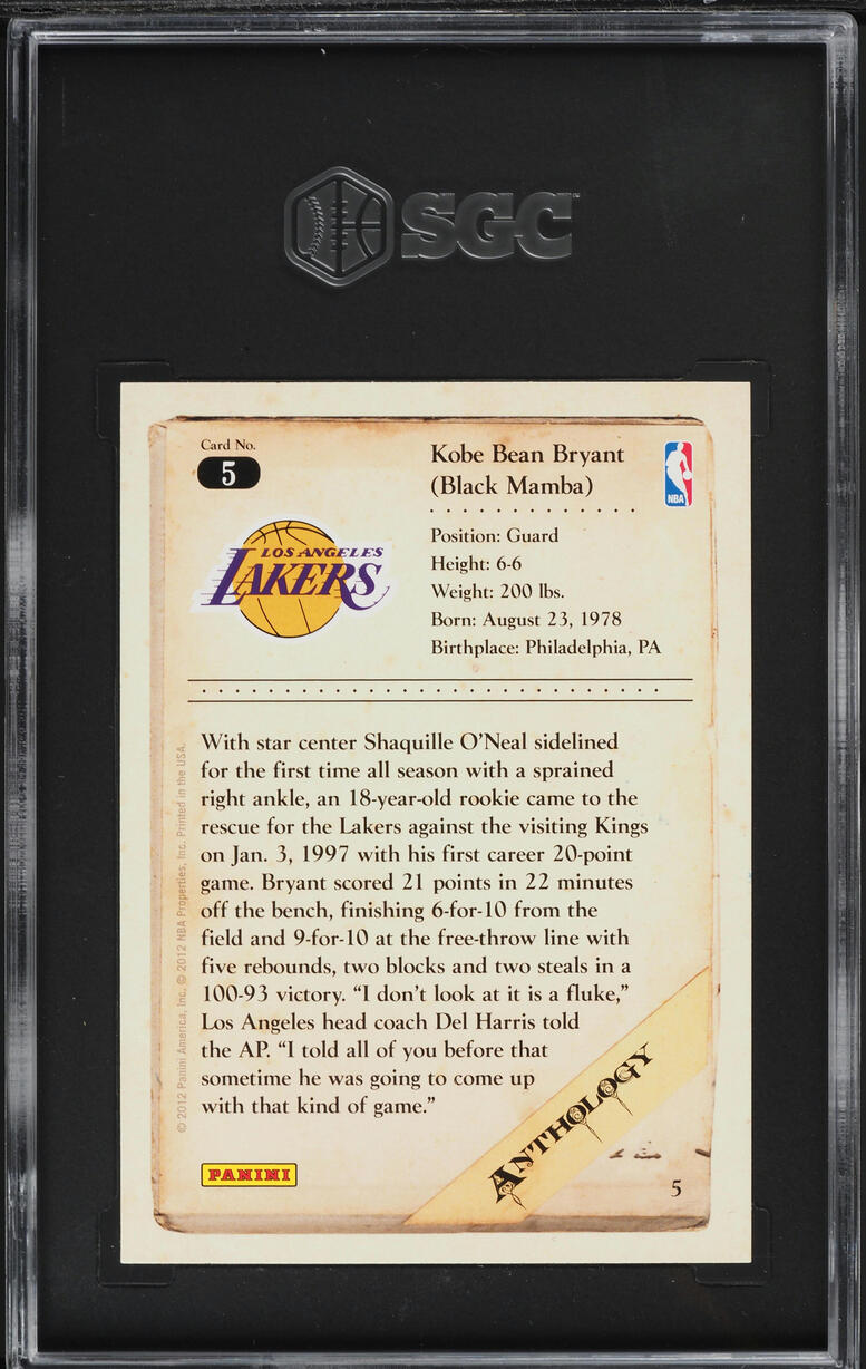 2012 Panini Kobe Anthology Kobe Bryant #5 SGC 9.5 MINT+