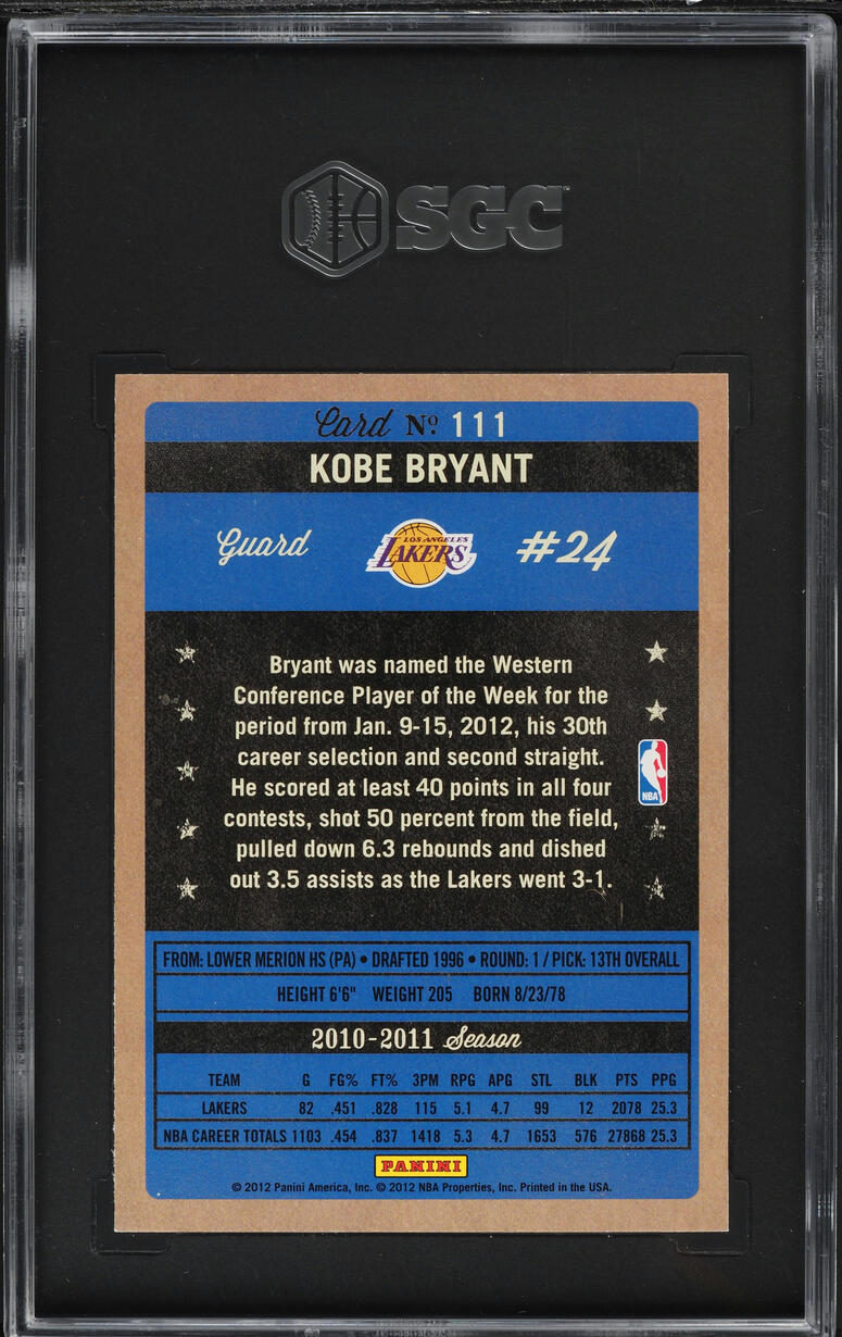 2011 Panini Past & Present Kobe Bryant #111 SGC 10 GEM MINT
