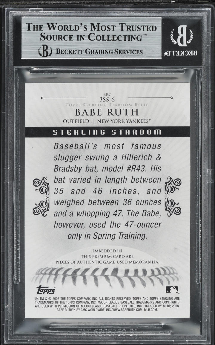 2008 Topps Sterling Stardom Relics Triple Babe Ruth PATCH JSY # 3/10 #3SS6 BGS 9