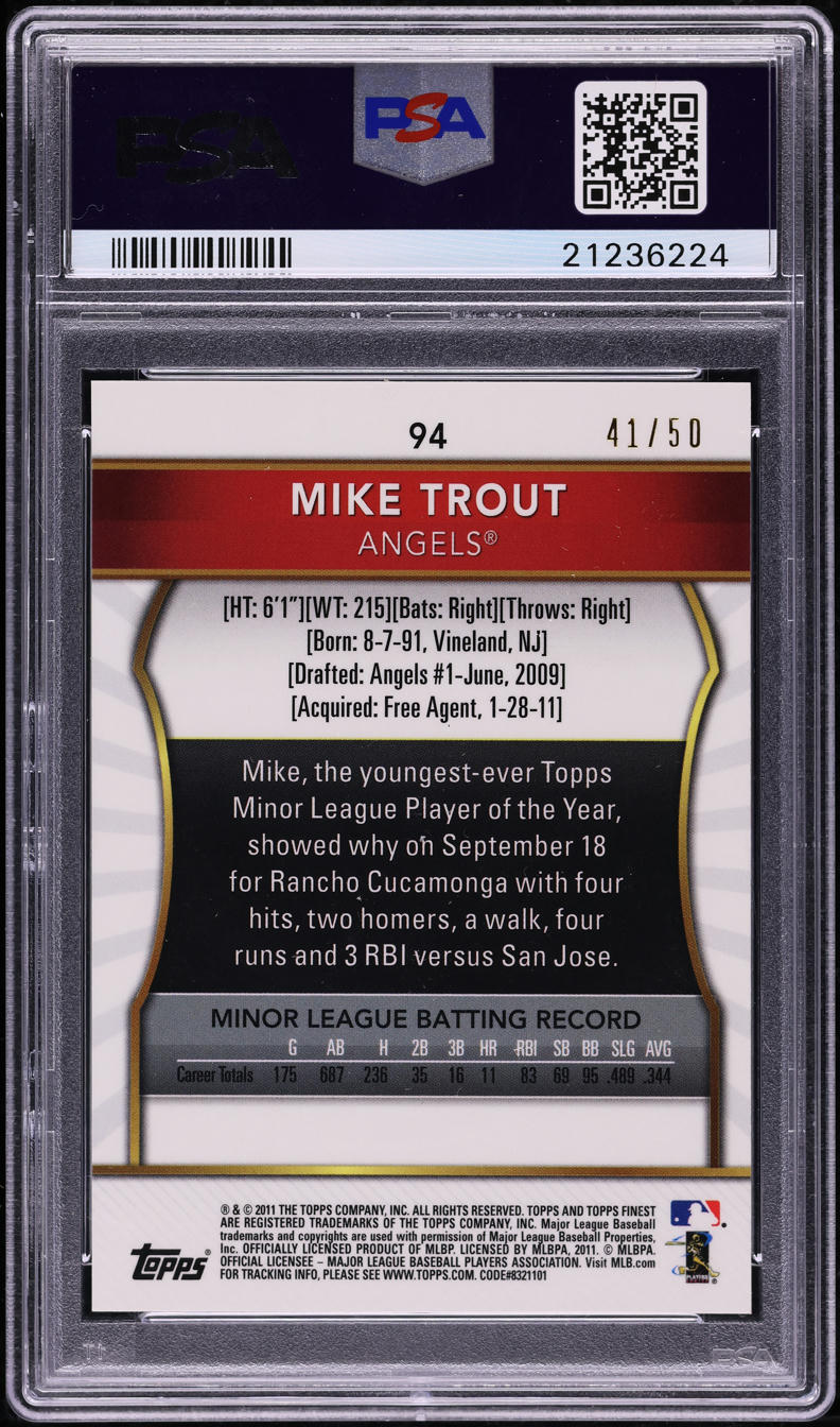 2011 Finest Gold Refractor Mike Trout ROOKIE /50 #94 PSA 10 GEM MINT