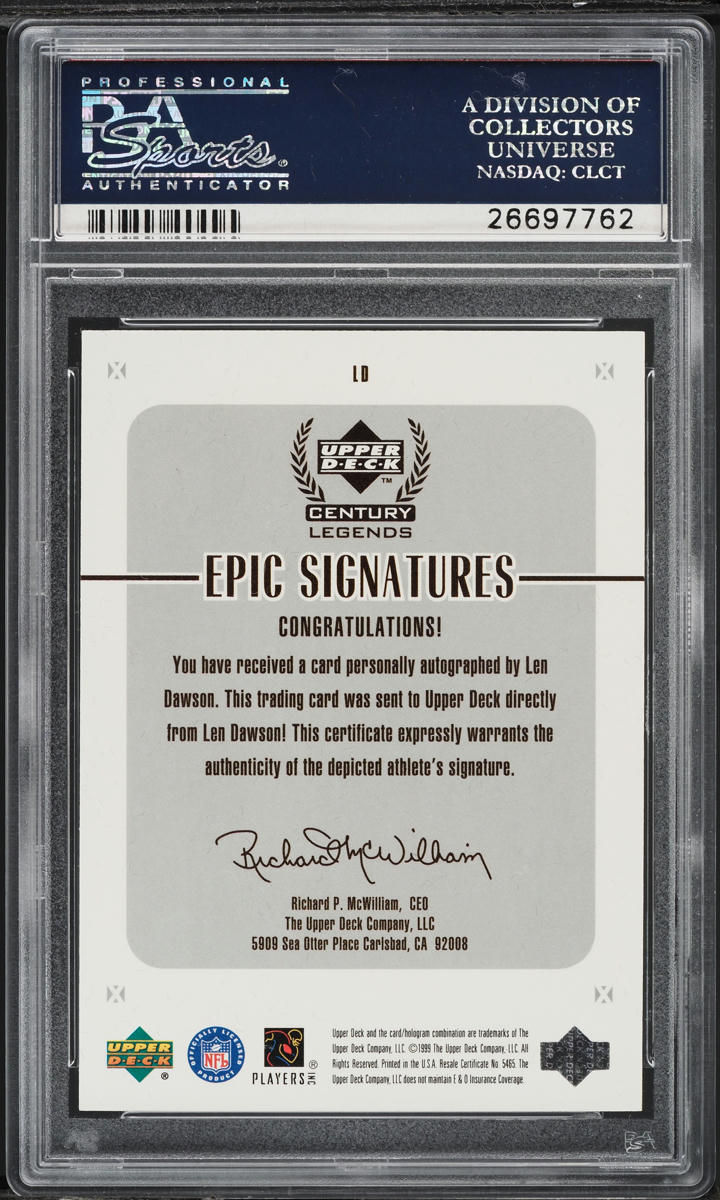 1999 Upper Deck Century Legend Epic Len Dawson AUTO #LD PSA 10 GEM MINT