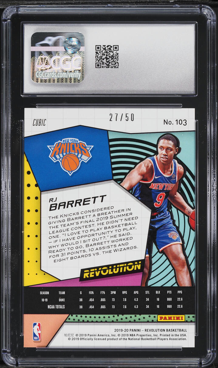 2019 Panini Revolution Cubic RJ Barrett ROOKIE /50 #103 CGC 9 MINT