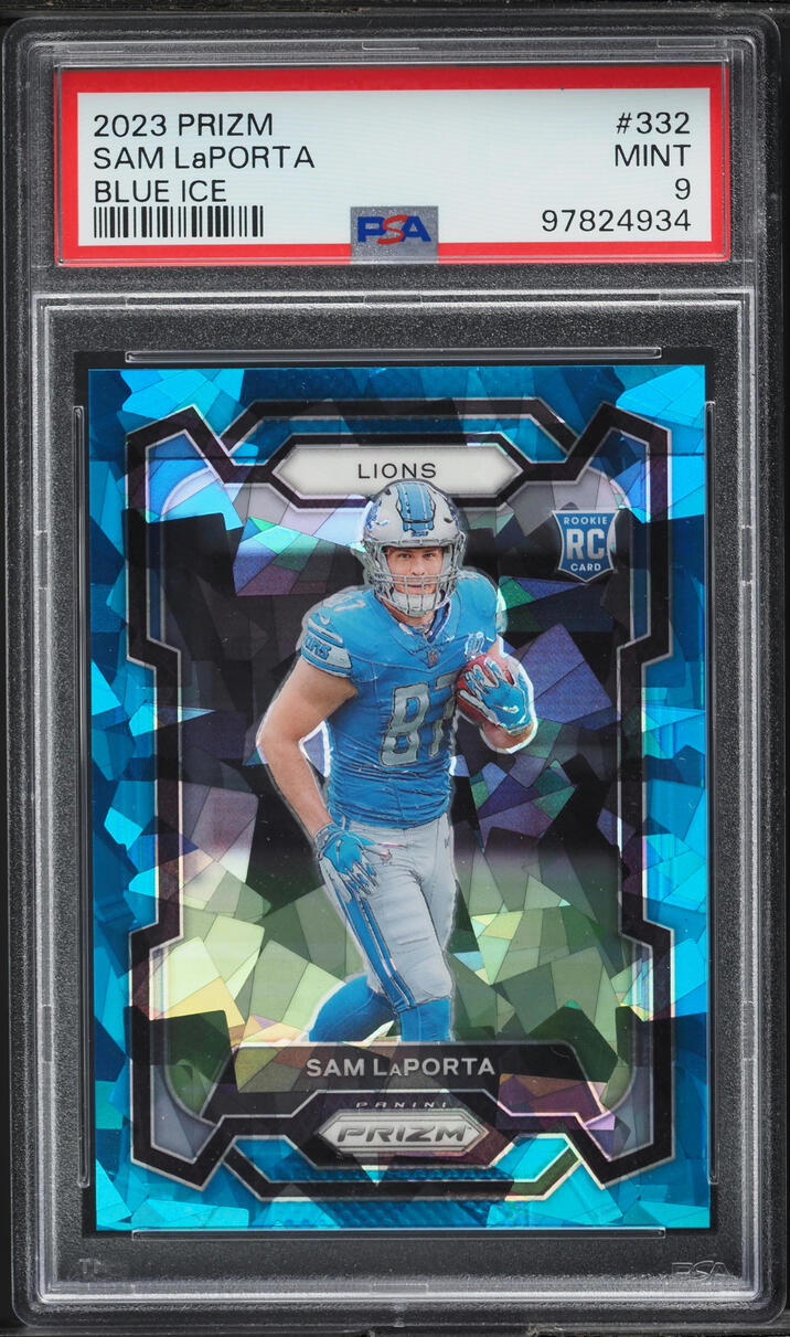 2023 Panini Prizm Blue Ice Sam Laporta ROOKIE /99 #332 PSA 9 MINT