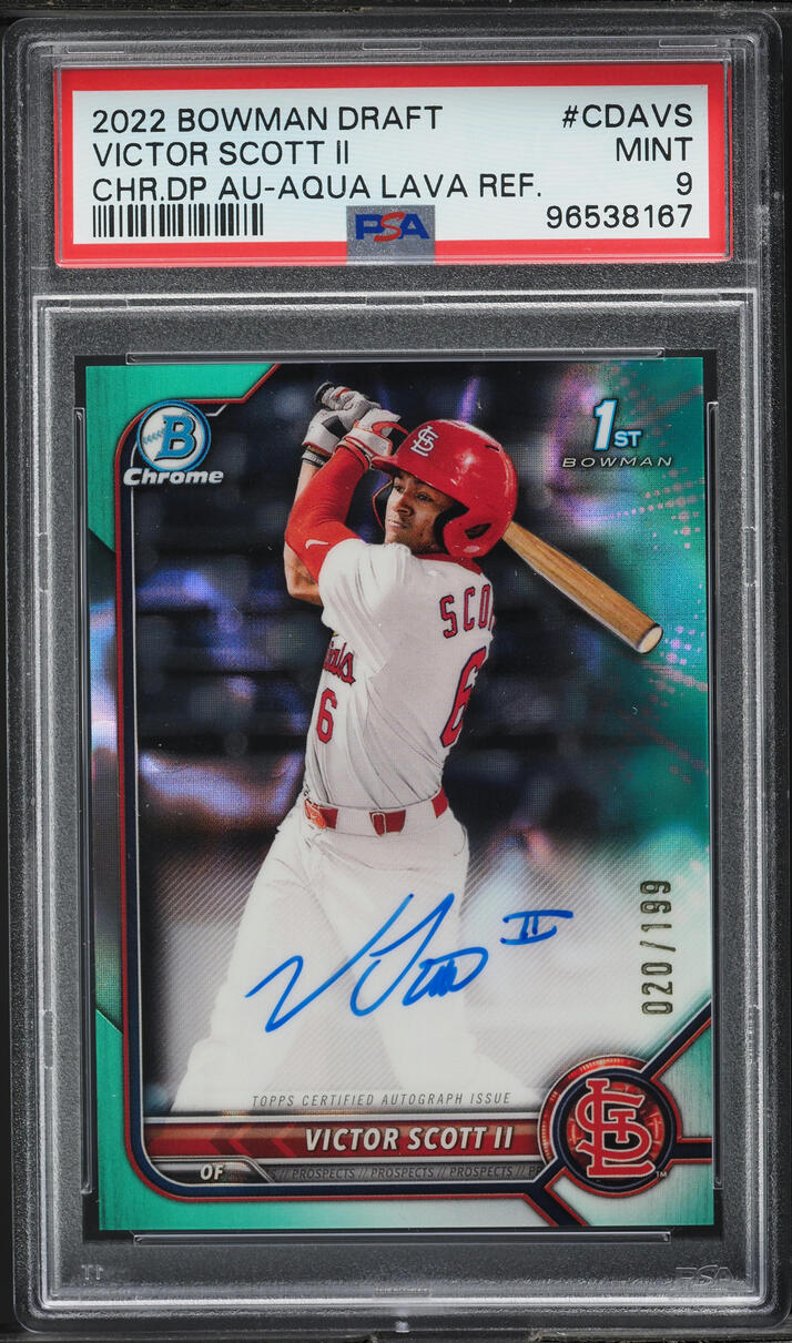 2022 Bowman Chrome Draft Aqua Lava Refractor Victor Scott II RC AUTO /199 PSA 9