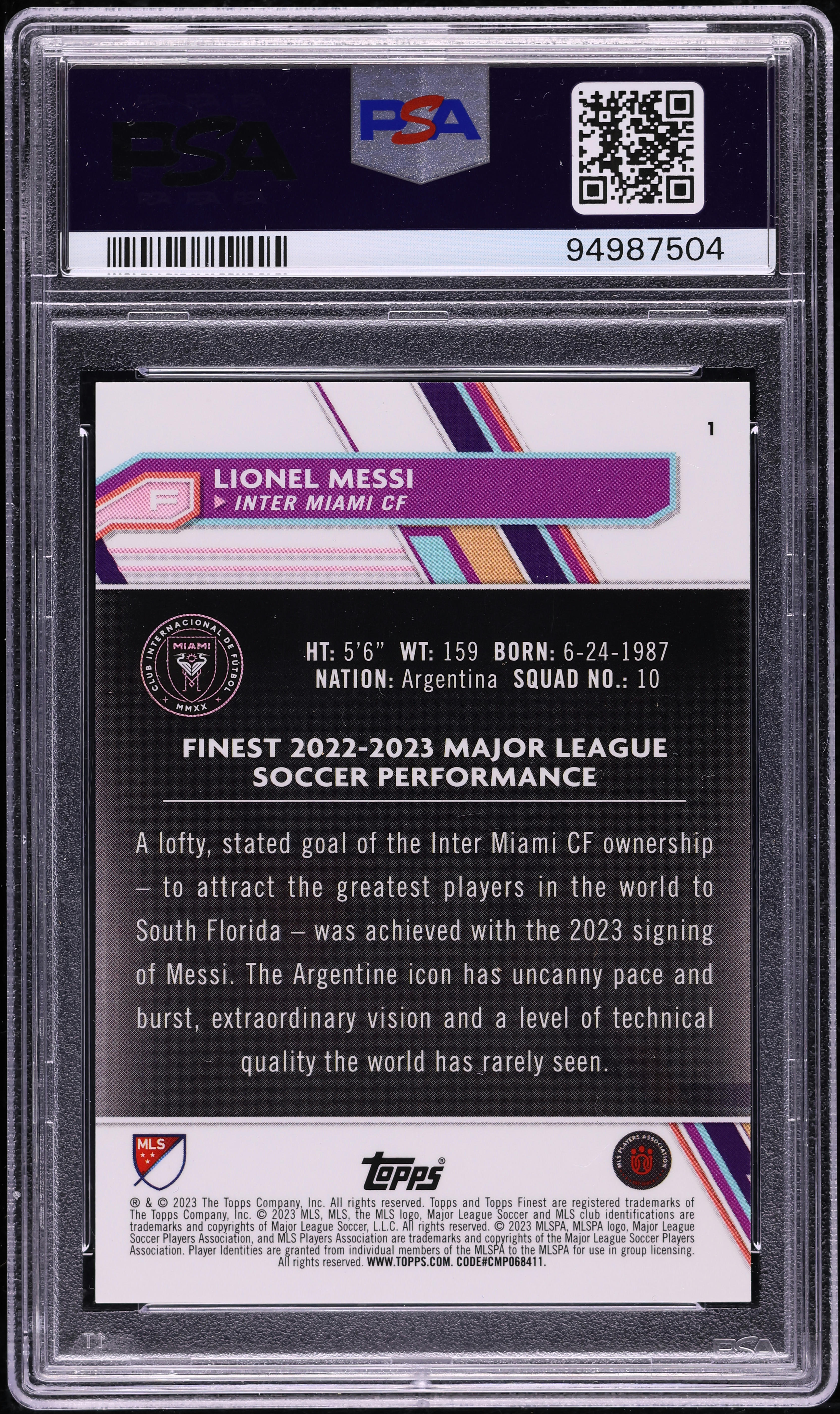 2023 Finest MLS Gold Refractor Lionel Messi /50 #1 PSA 10 GEM MINT