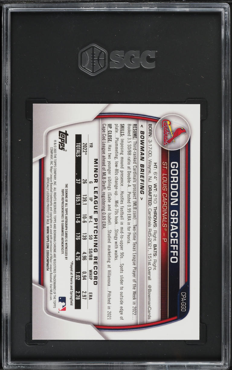 2023 Bowman Chrome Gordon Graceffo PROSPECT AUTO #CPA-GGO SGC 10 GEM MINT