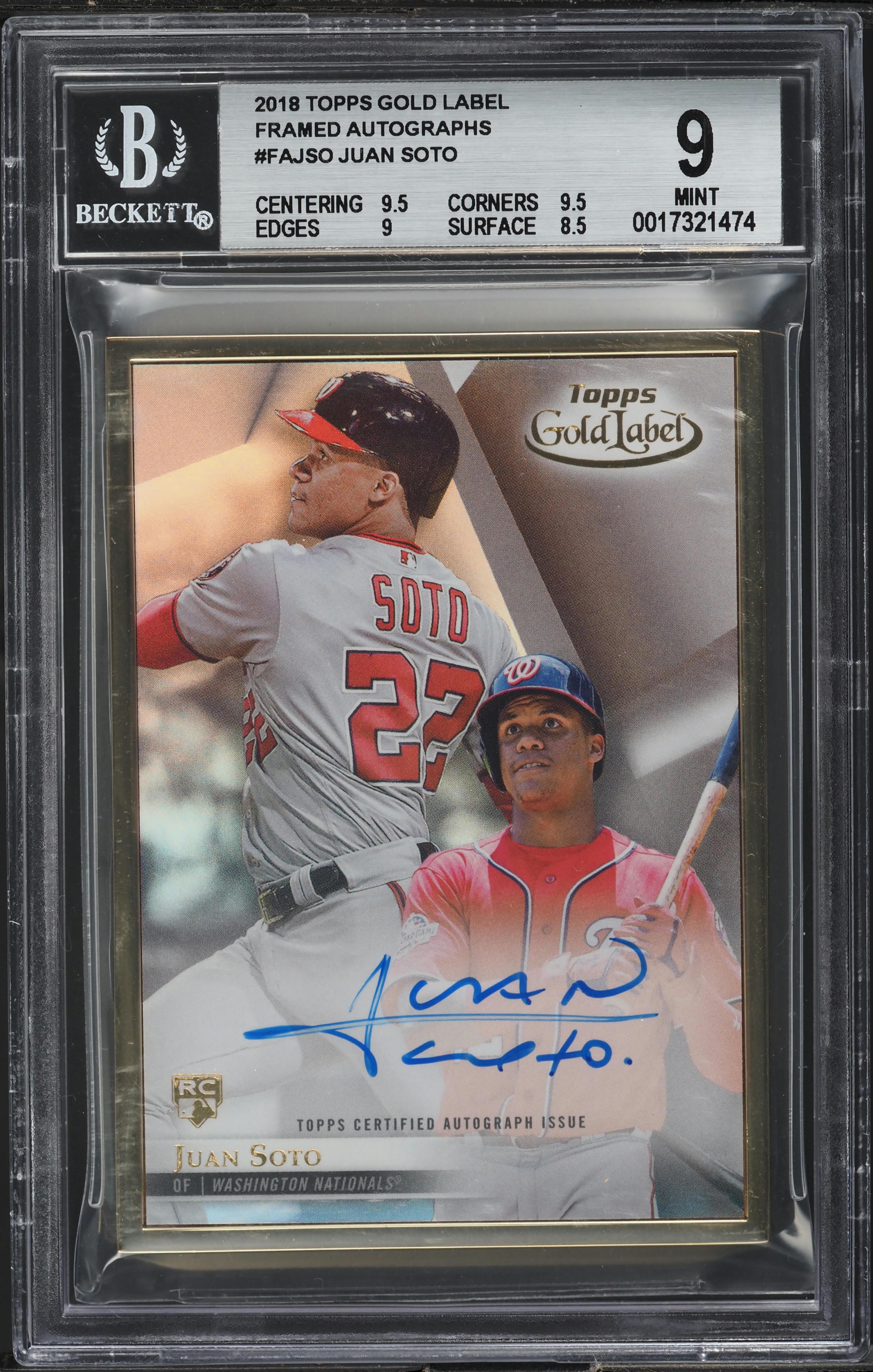 2018 Topps Gold Label Framed Juan Soto ROOKIE AUTO /50 #FA-JSO BGS 