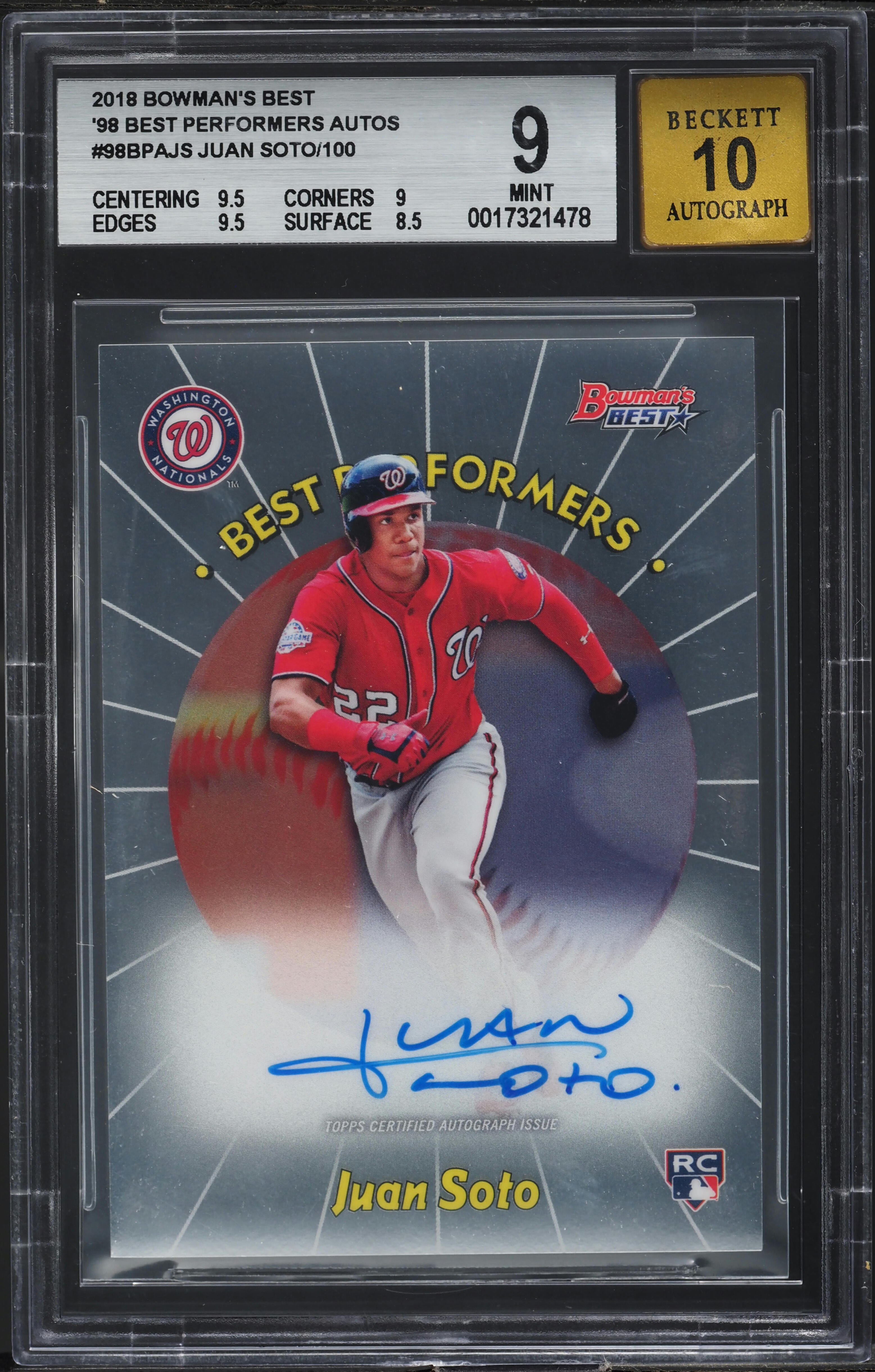 2018 Bowman's Best '98 Performers Juan Soto ROOKIE AUTO /100
