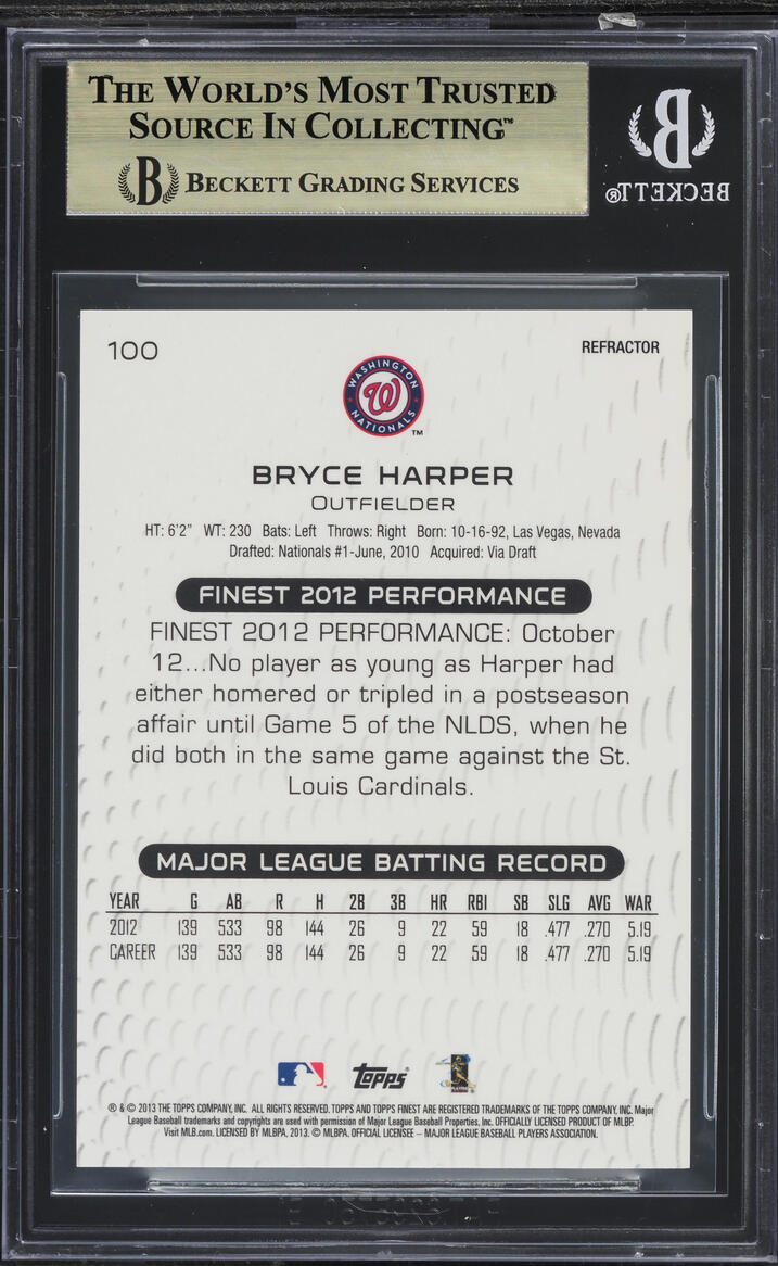 2013 Finest Atomic Refractor Bryce Harper /5 #100 BGS 9.5 GEM MINT