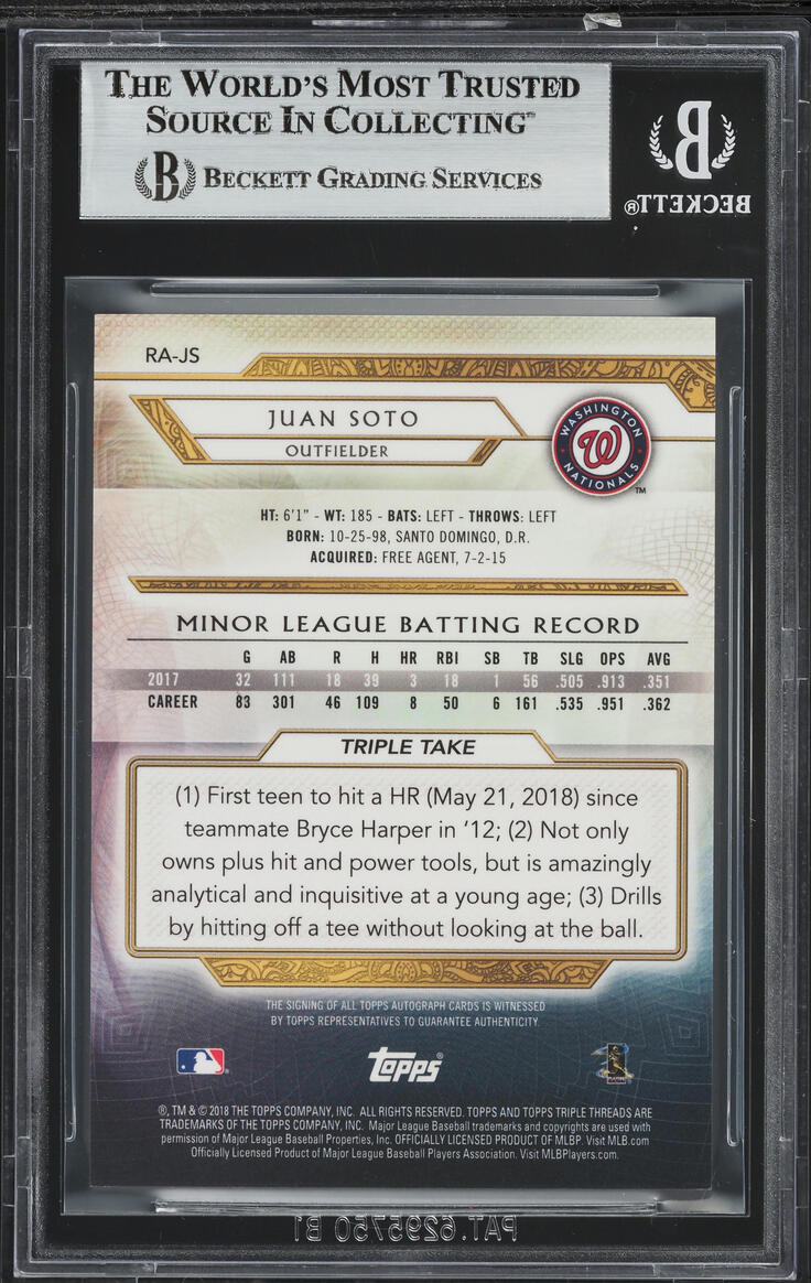 2018 Topps Triple Threads Emerald Juan Soto ROOKIE AUTO /50 BGS 9 MINT