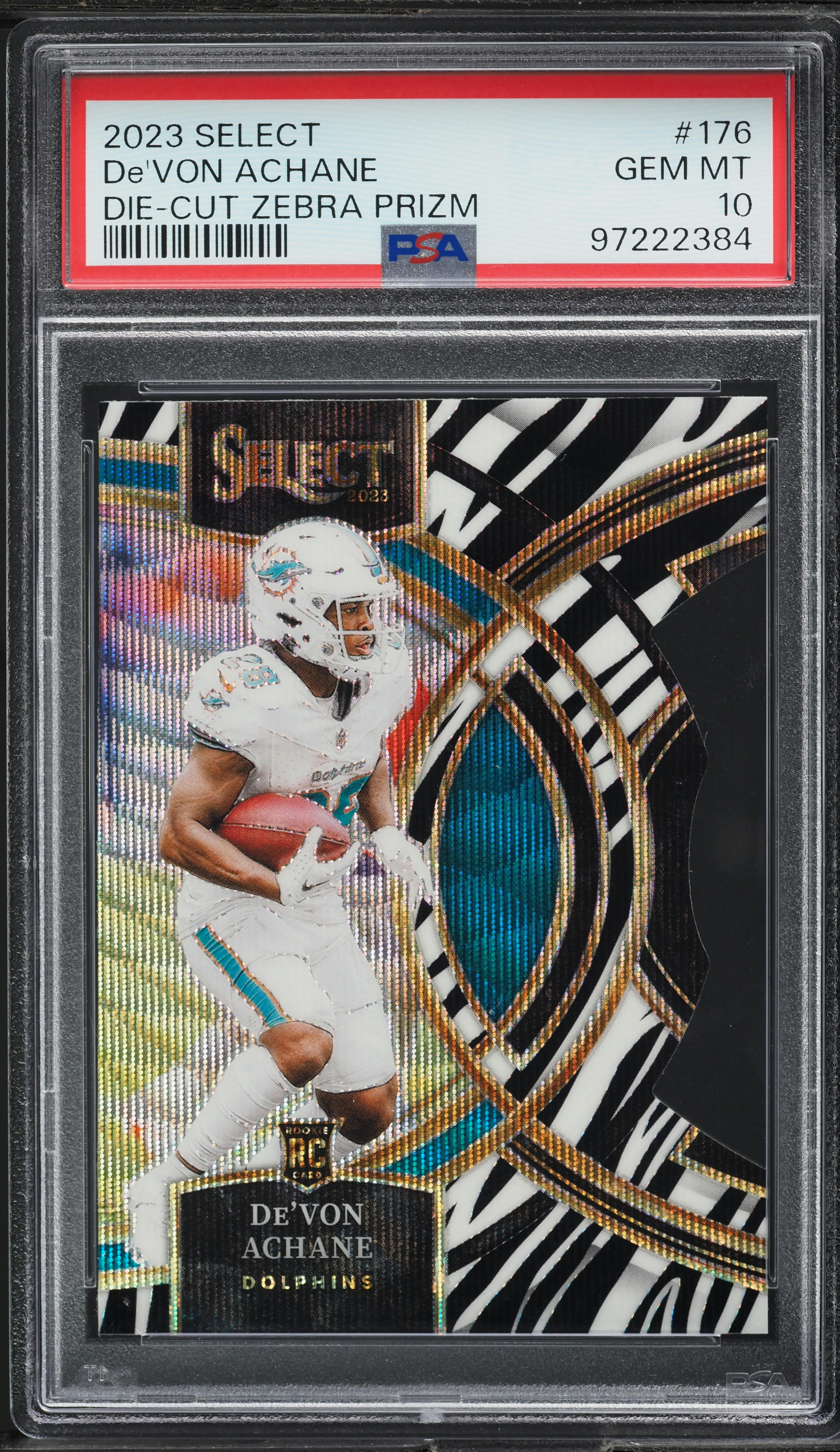 2023 Select Premier Zebra Prizm Die-Cut De'Von Achane ROOKIE #176