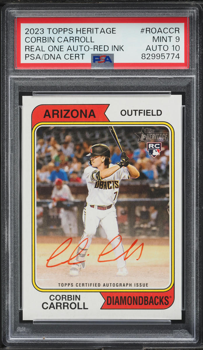 2023 Topps Heritage Real One Red Ink Corbin Carroll ROOKIE AUTO DNA 10 /74 PSA 9