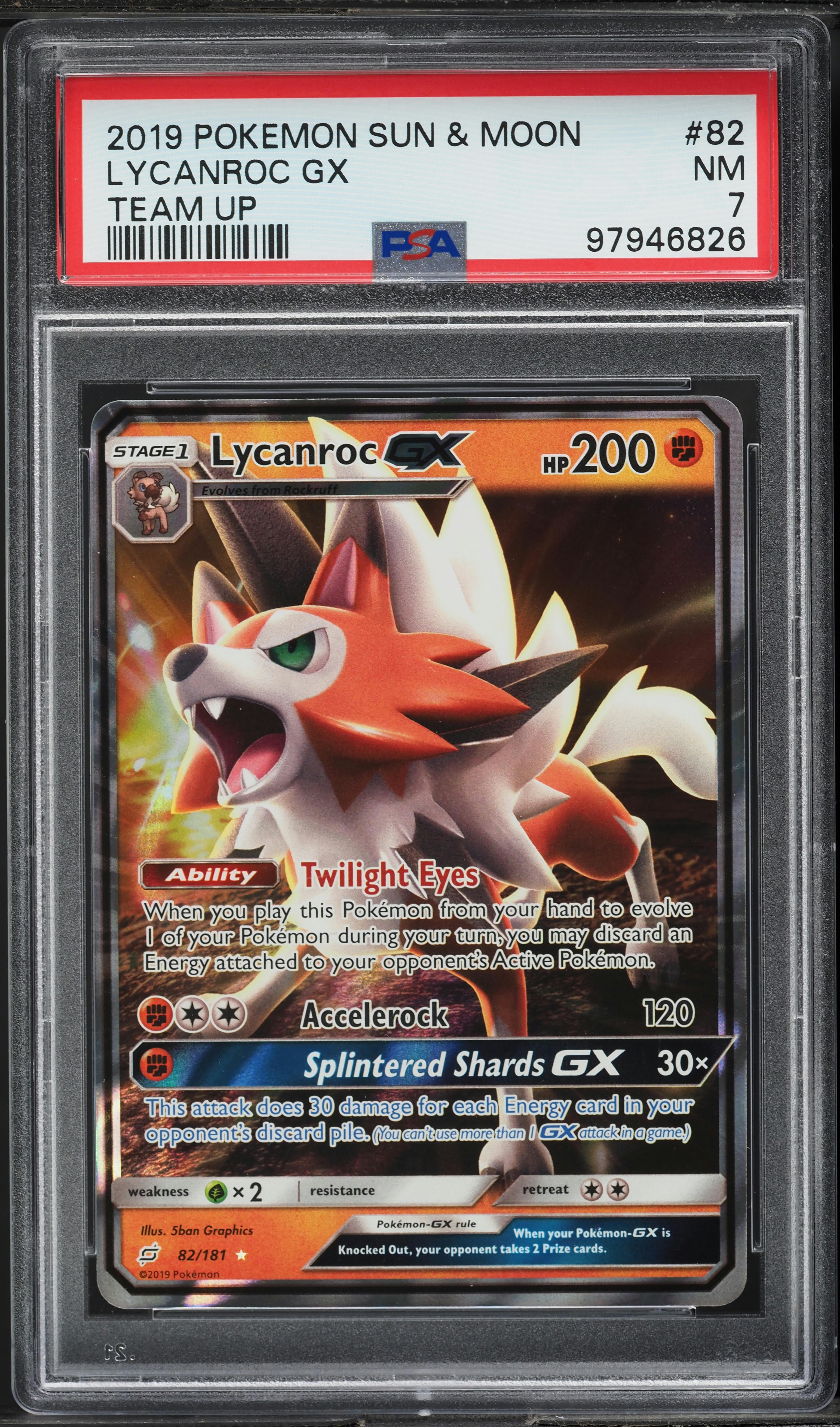 2019 Pokemon Sun & Moon Team Up Lycanroc GX #82 PSA 7 NRMT on